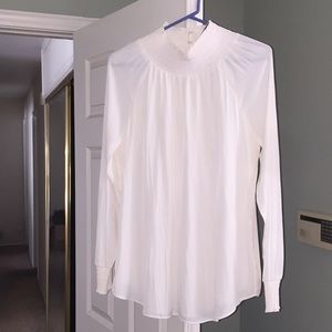 New White Smocked Mockneck Blouse
